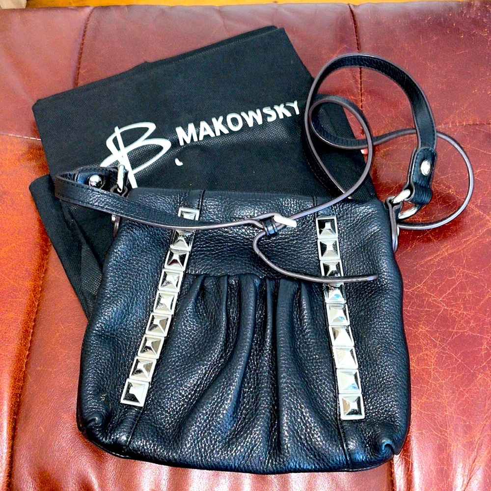 Vintage B. Makowsky Black Leather Studded Cross Body Bag Purse EUC